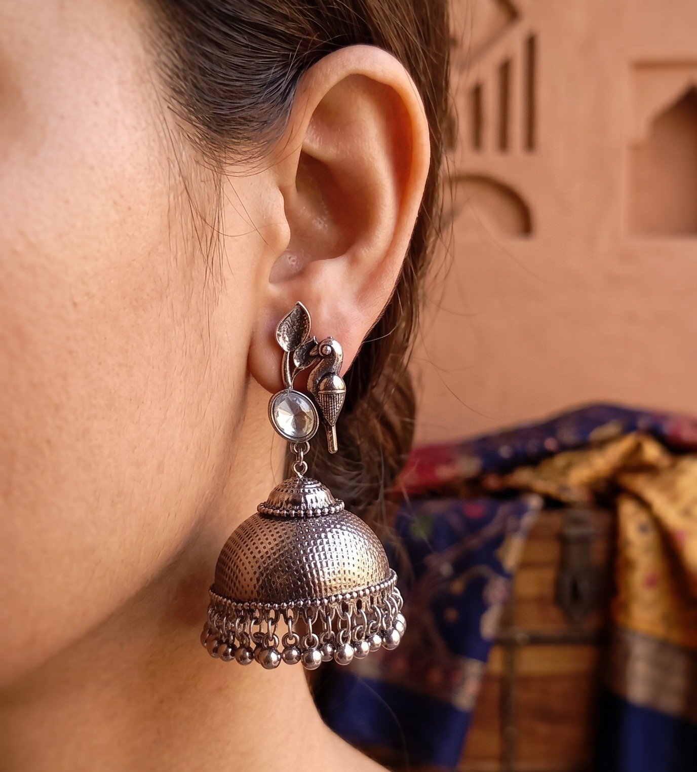 Bird Designer And White Stone Oxidised Silver Jhumkha Bird Designer And White Stone Oxidised Silver Jhumkha