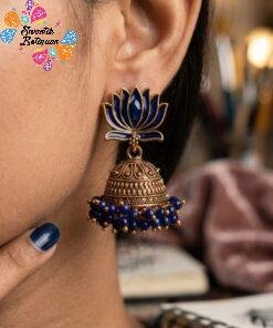 Navy Blue Lotus Designer Oxidised Gold Jhumkha
