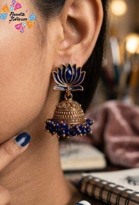 Navy Blue Lotus Designer Oxidised Gold Jhumkha