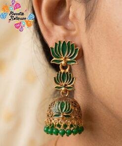 Green Lotus Designer Oxidised Gold Jhumkha
