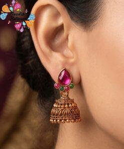 Pink And Green Stone With Floral Designer Oxidised Gold Jhumkha