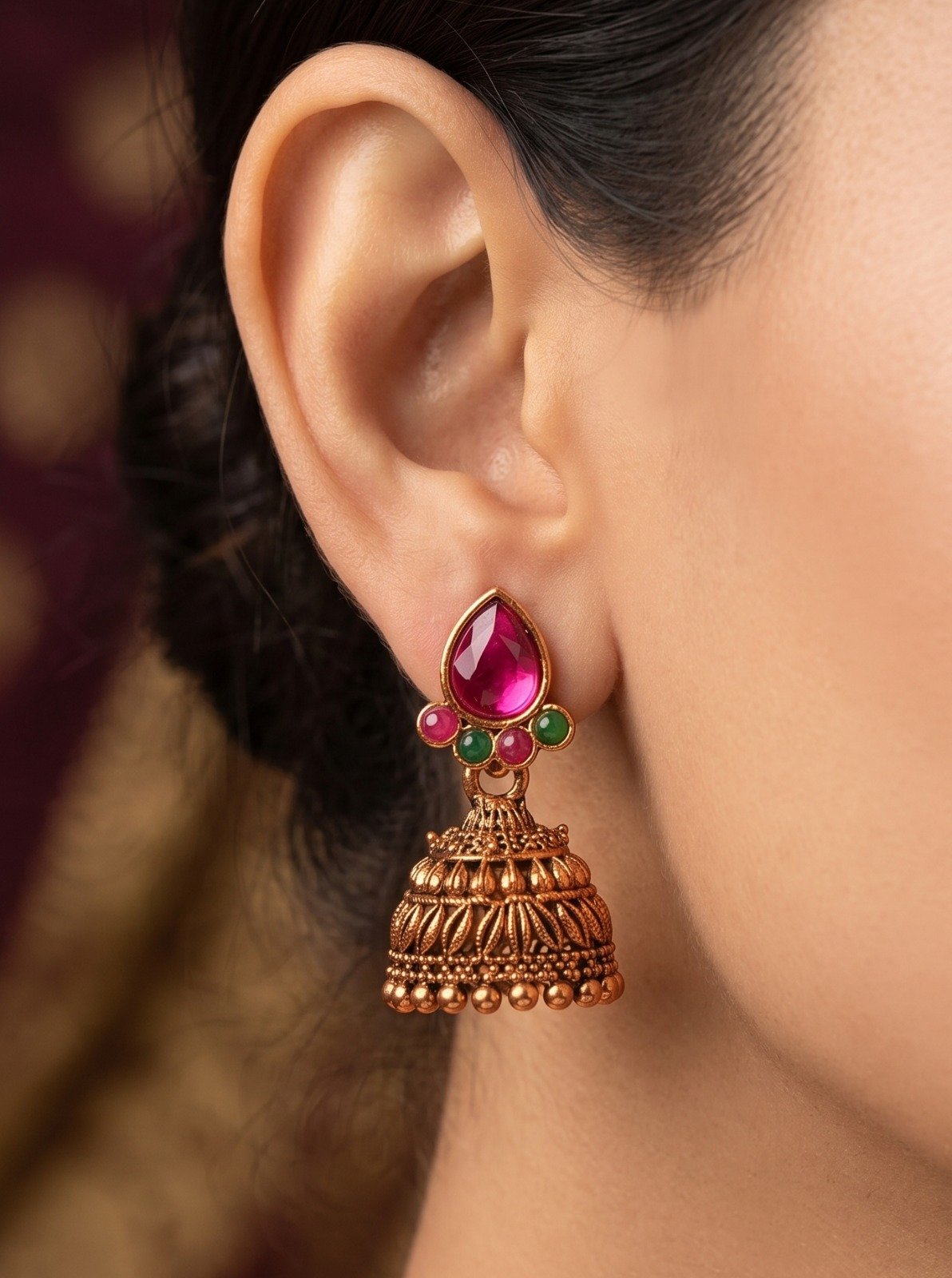 Pink And Green Stone With Floral Designer Oxidised Gold Jhumkha Pink And Green Stone With Floral Designer Oxidised Gold Jhumkha