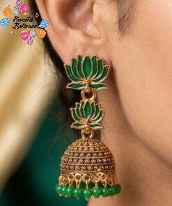 Dark Green Lotus Designer Oxidised Gold Jhumkha