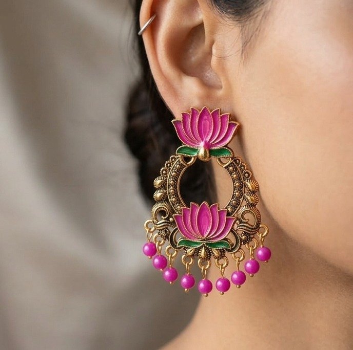 Pink Pearl With Lotus Designer Oxidised Gold Earrings Pink Pearl With Lotus Designer Oxidised Gold Earrings
