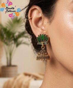 Green Lotus Designer Oxidised Gold Jhumkha