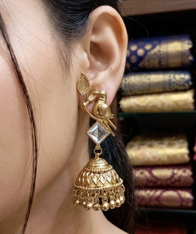 White Stone With Bird Designer Oxidised Gold Jhumkha White Stone With Bird Designer Oxidised Gold Jhumkha