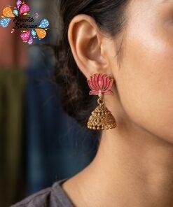 Rose Pink Lotus Designer Oxidised Gold Jhumkha