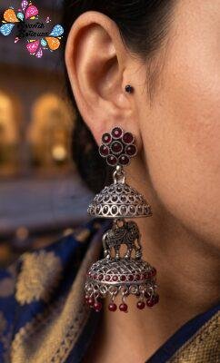 Elephant Designer Maroon Oxidised Silver Jhumkha