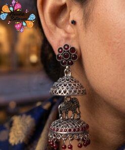 Welcome Swastik Boutiques, Sri Lanka Alternative view of Elephant Designer Maroon Oxidised Silver Jhumkha