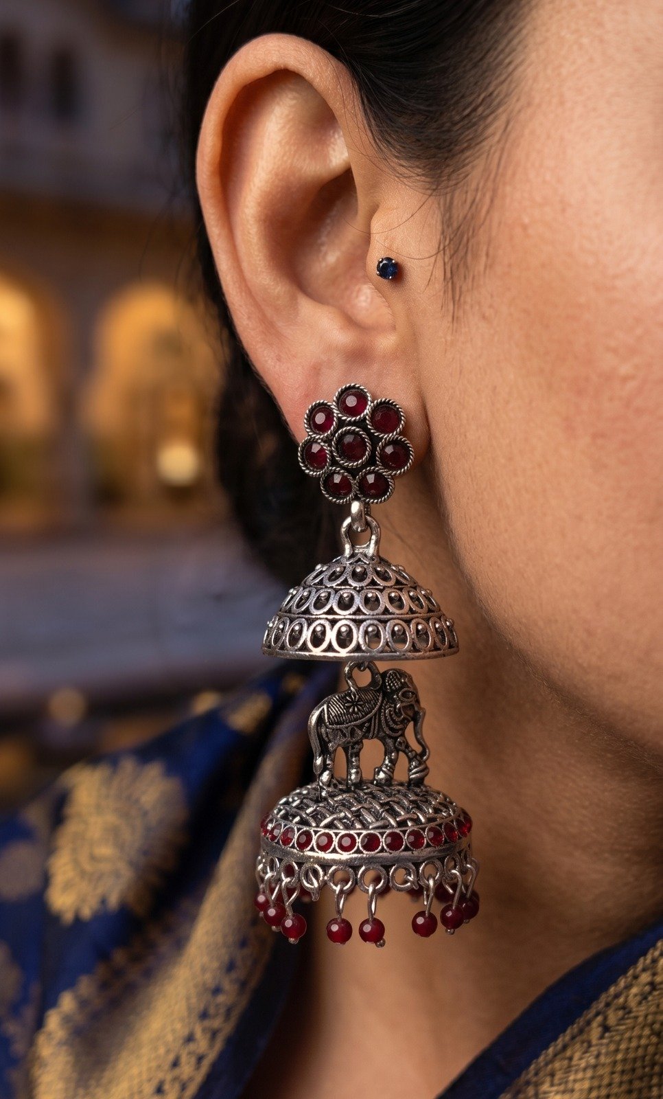 Elephant Designer Maroon Oxidised Silver Jhumkha Elephant Designer Maroon Oxidised Silver Jhumkha