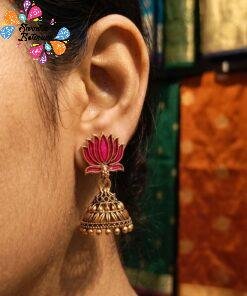 Pink Lotus Designer Oxidised Gold Jhumkha