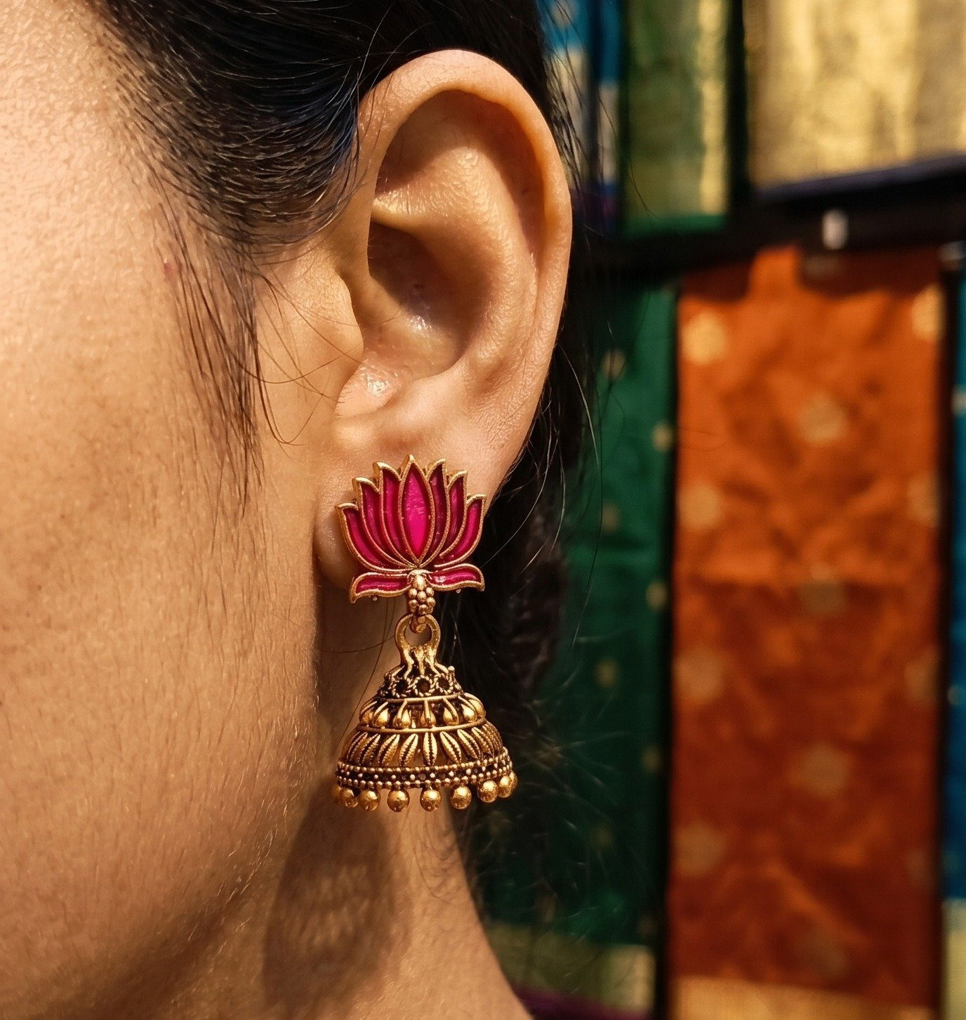 Pink Lotus Designer Oxidised Gold Jhumkha Pink Lotus Designer Oxidised Gold Jhumkha