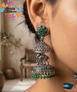 Alternative view of Elephant Designer Green Oxidised Silver Jhumkha