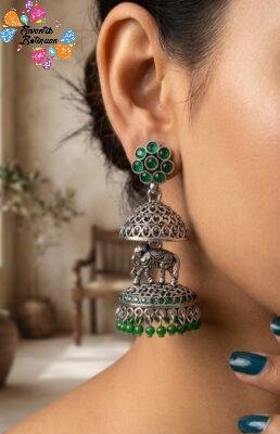 Elephant Designer Green Oxidised Silver Jhumkha