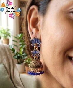 Royal Blue Lotus Designer Oxidised Gold Jhumkha