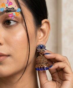 Dark Blue Pearl With Lotus Designer Oxidised Gold Jhumkha