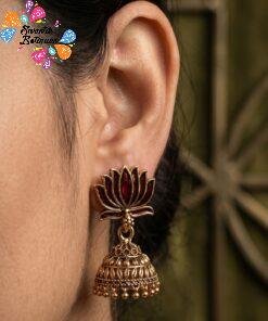 Dark Brown Lotus Designer Oxidised Gold Jhumkha