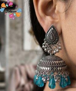 Sky Blue Pearl And Floral Designer Oxidised Silver Jhumkha