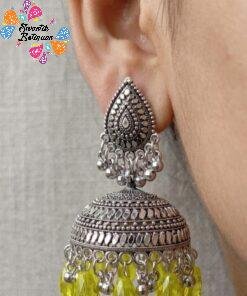 Lime Yellow Pearl And Floral Designer Oxidised Silver Jhumkha