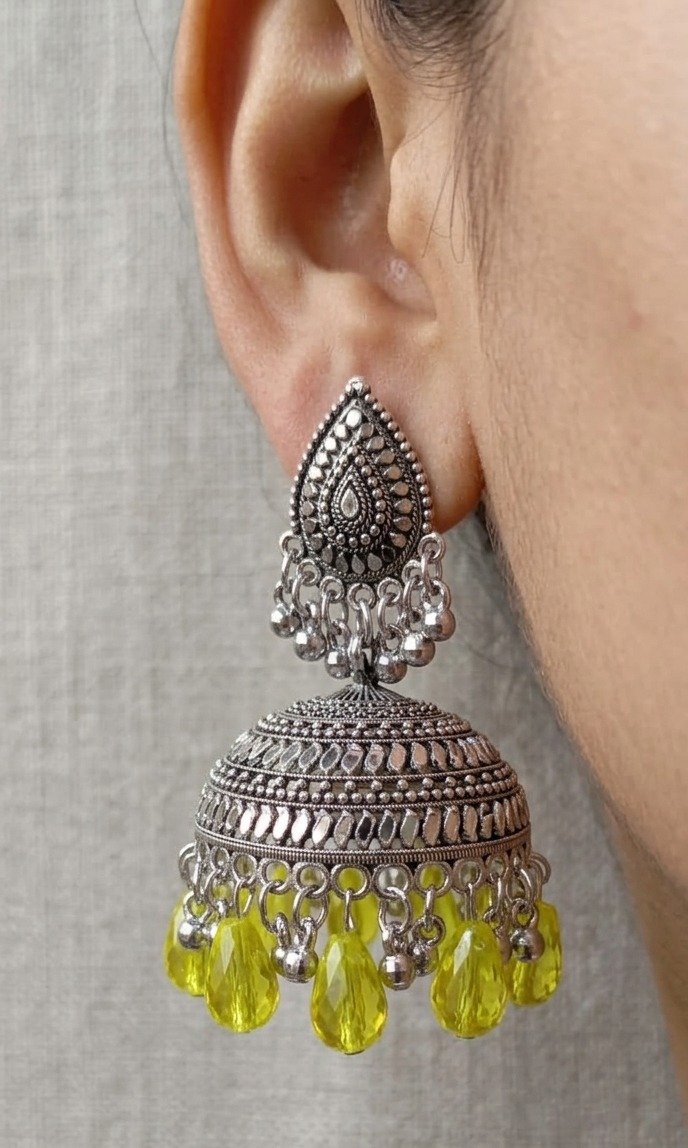 Lime Yellow Pearl And Floral Designer Oxidised Silver Jhumkha Lime Yellow Pearl And Floral Designer Oxidised Silver Jhumkha