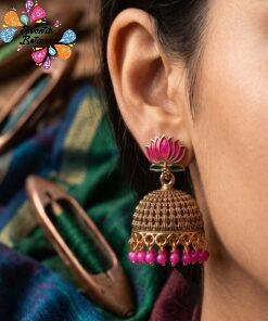 Pink Pearl With Lotus Designer Oxidised Gold Jhumkha