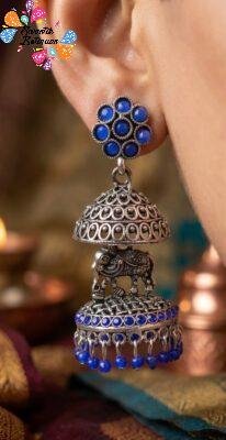 Elephant Designer Blue Oxidised Silver Jhumkha