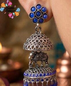 Alternative view of Elephant Designer Blue Oxidised Silver Jhumkha