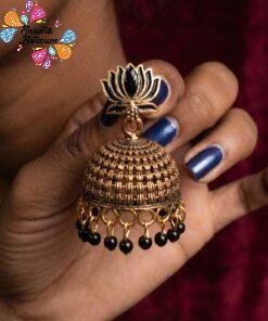 Black Pearl With Lotus Designer Oxidised Gold Jhumkha