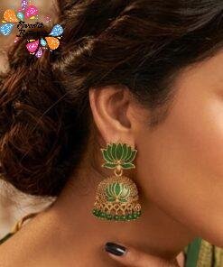 Green Lotus Designer Oxidised Gold Jhumkha