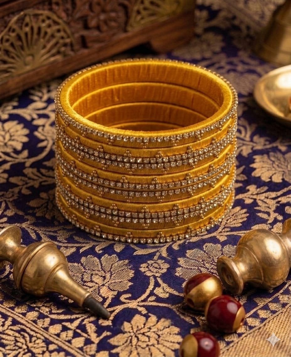 Turmeric Yellow Stone Work Velvet Bangles Turmeric Yellow Stone Work Velvet Bangles