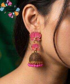 Pink Lotus Designer Oxidised Gold Jhumkha
