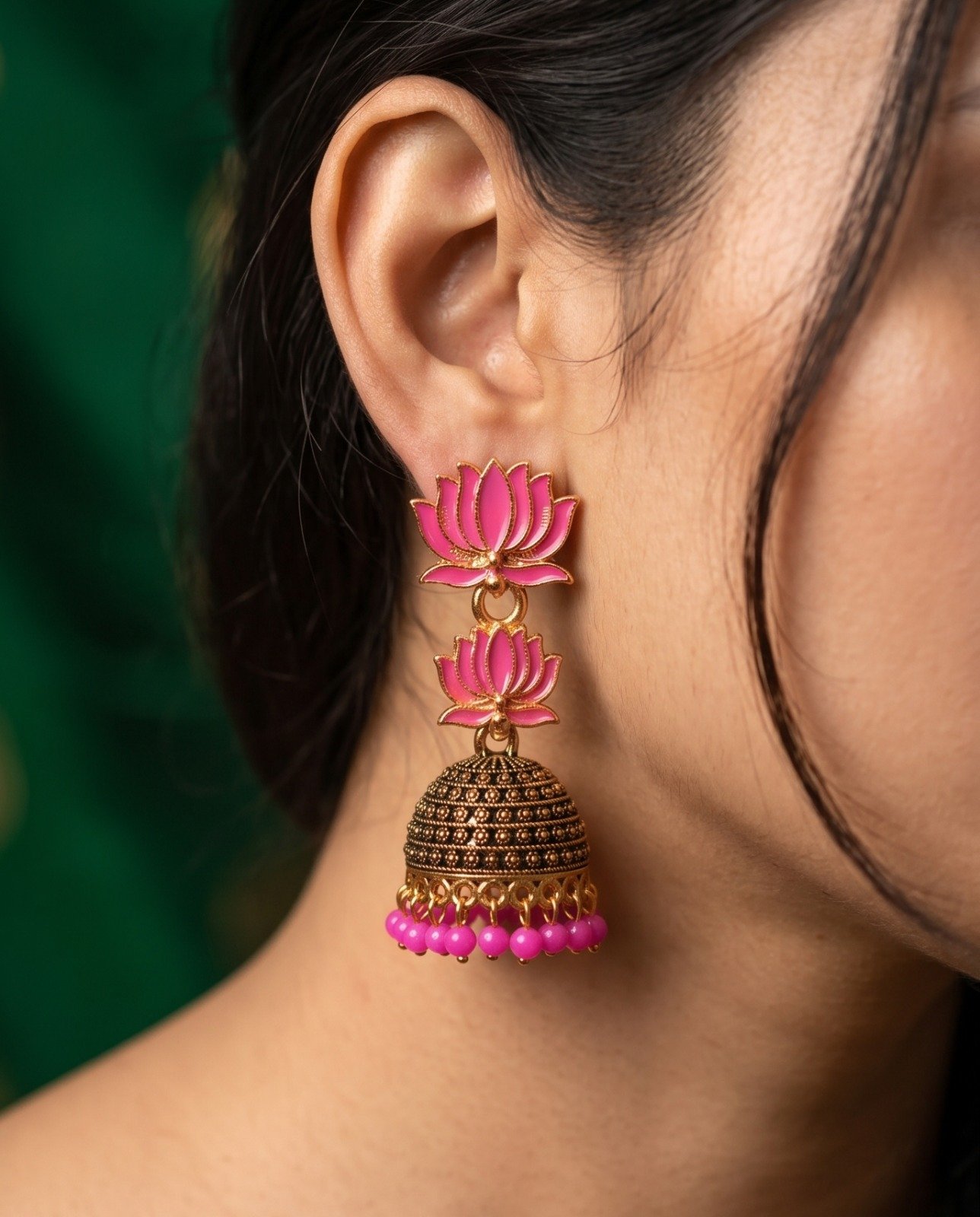 Pink Lotus Designer Oxidised Gold Jhumkha Pink Lotus Designer Oxidised Gold Jhumkha