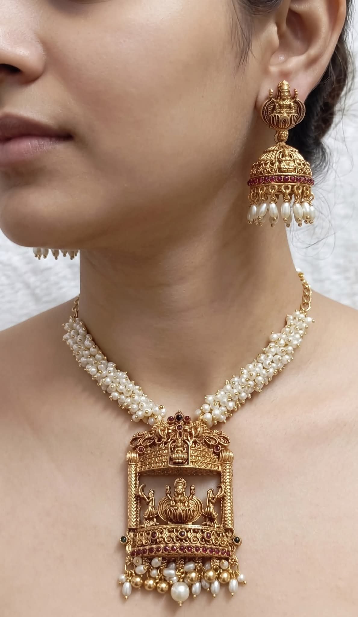 Lakshmi with White Pearl Designer Matte Finished Necklace Lakshmi with White Pearl Designer Matte Finished Necklace