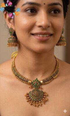 Green Stone With Flower Designer Matte Finished Necklace