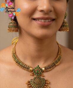 Green Stone With Flower Designer Matte Finished Necklace