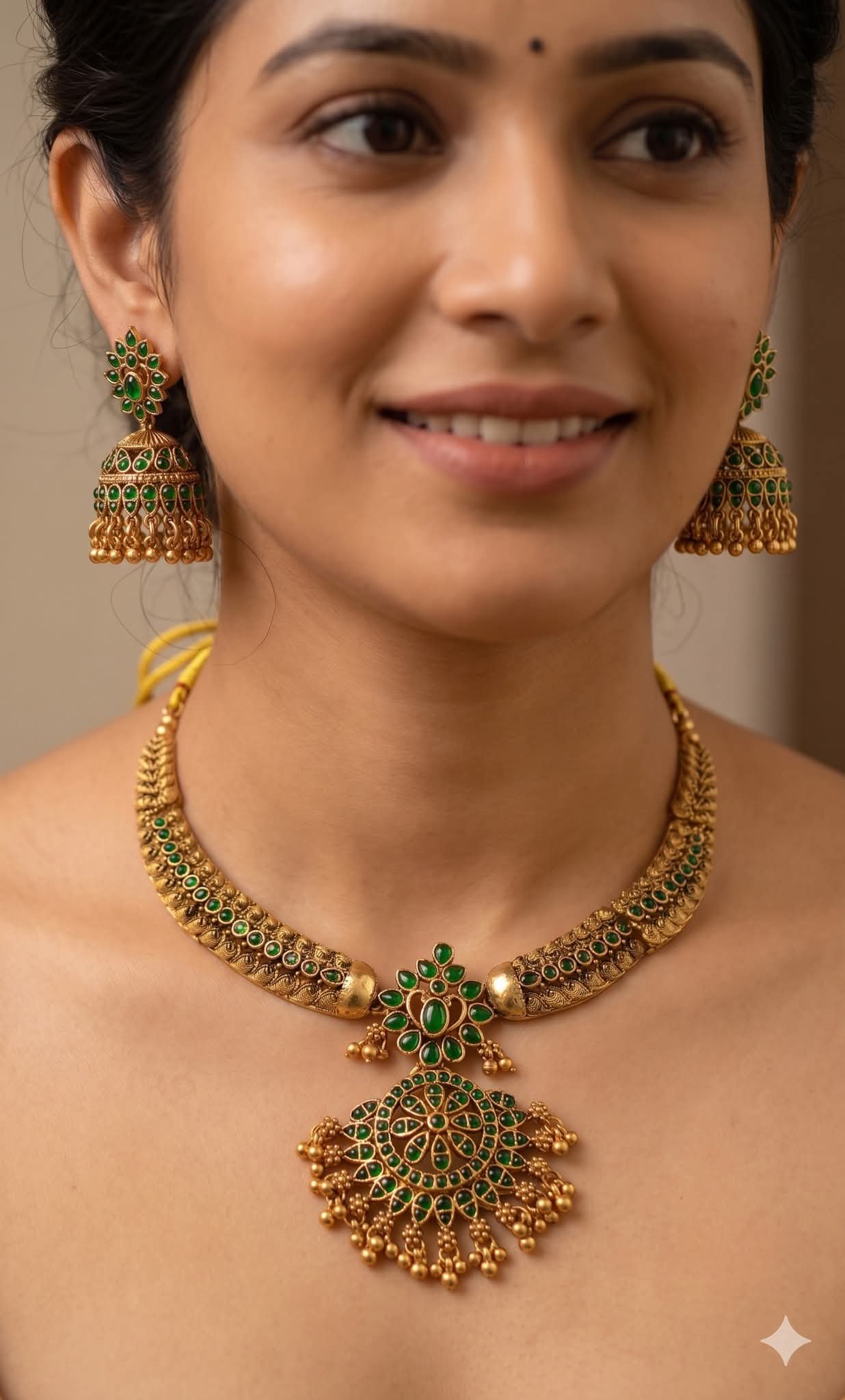 Green Stone With Flower Designer Matte Finished Necklace Green Stone With Flower Designer Matte Finished Necklace