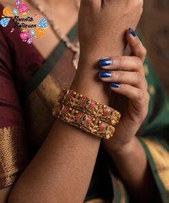 Pink And Green Mixed Lotus Designer Matte Finished Bangles