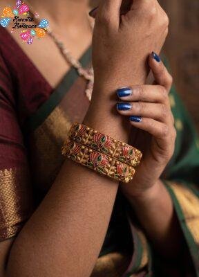 Pink And Green Mixed Lotus Designer Matte Finished Bangles