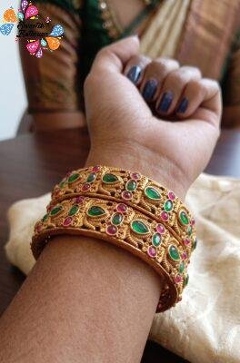 Green Stone Lotus  Designer Matte Finished Bangles