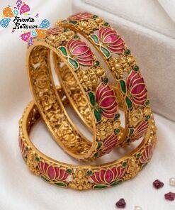 Pink And Green Mixed Lotus With Lakshmi Designer Matte Finished Bangles