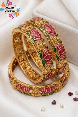 Pink And Green Mixed Lotus With Lakshmi Designer Matte Finished Bangles