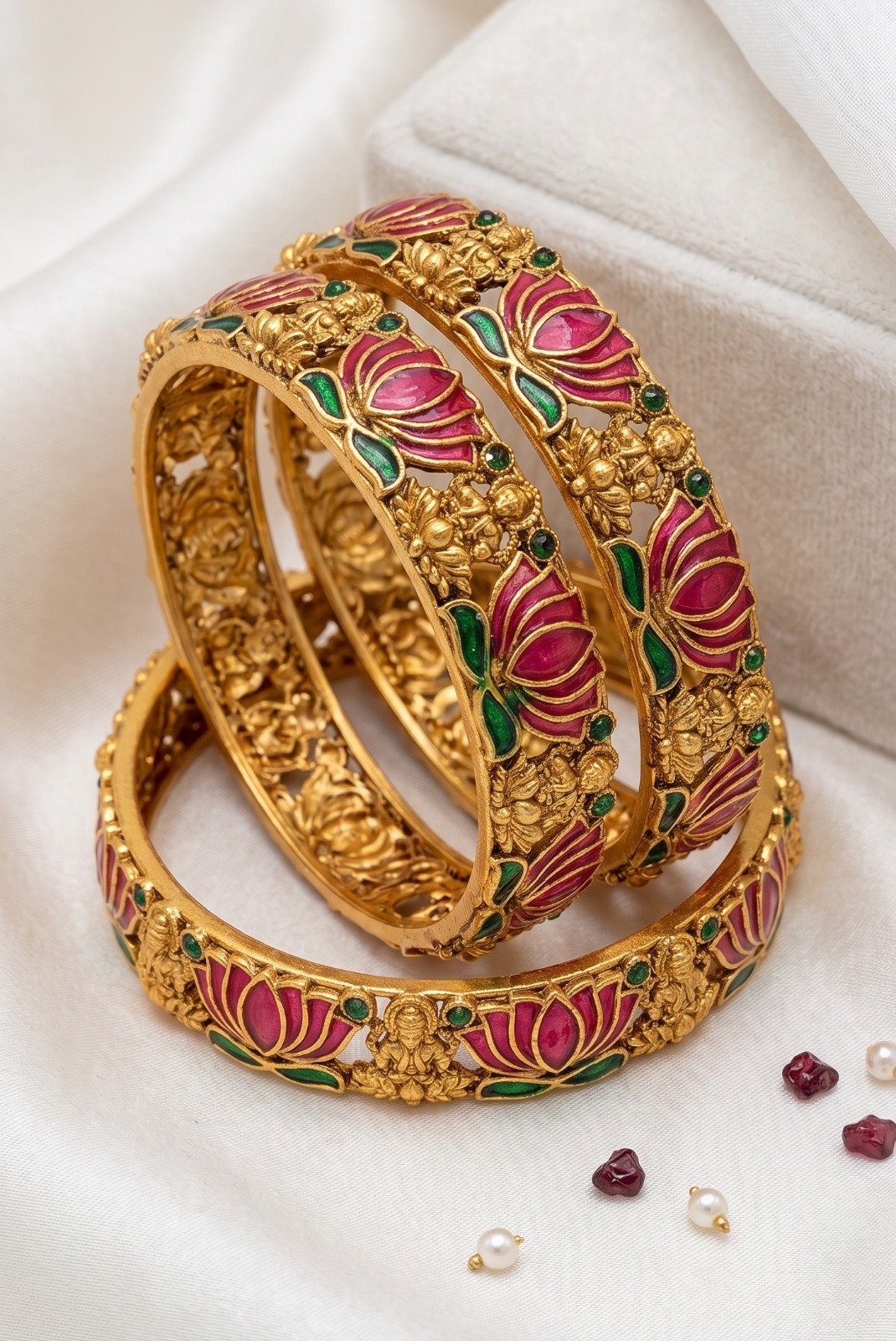 Pink And Green Mixed Lotus With Lakshmi Designer Matte Finished Bangles Pink And Green Mixed Lotus With Lakshmi Designer Matte Finished Bangles