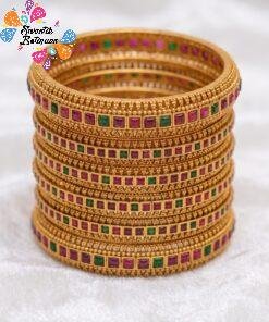 Pink And Green Stone Designer Matte Finished Bangle Set