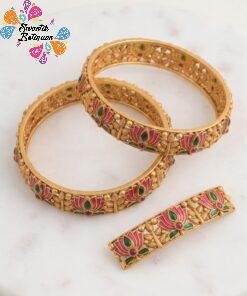 Pink And Green Mixed Lotus Designer Matte Finished Bangles Pink And Green Mixed Lotus Designer Matte Finished Bangles
