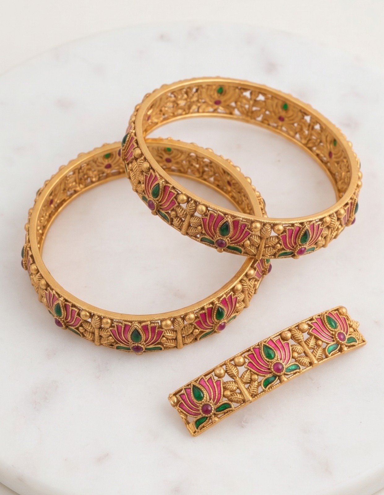 Pink And Green Mixed Lotus Designer Matte Finished Bangles Pink And Green Mixed Lotus Designer Matte Finished Bangles - Image 3