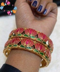 Pink And Green Mixed Lotus Designer Matte Finished Bangles