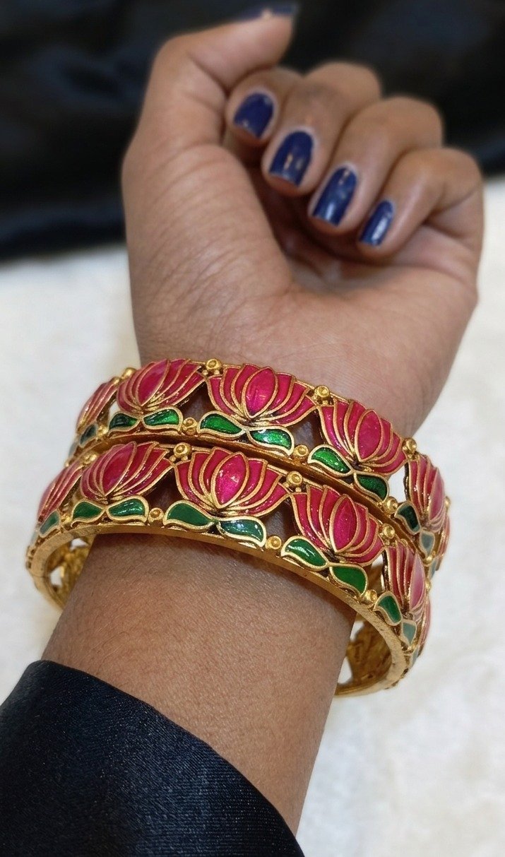 Pink And Green Mixed Lotus Designer Matte Finished Bangles