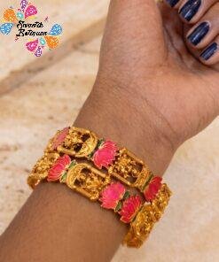 Pink And Green Mixed Lotus With Lakshmi Designer Matte Finished Bangles