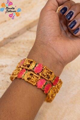 Pink And Green Mixed Lotus With Lakshmi Designer Matte Finished Bangles
