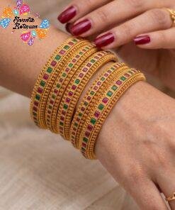 Pink And Green Stone Designer Matte Finished Bangle Set